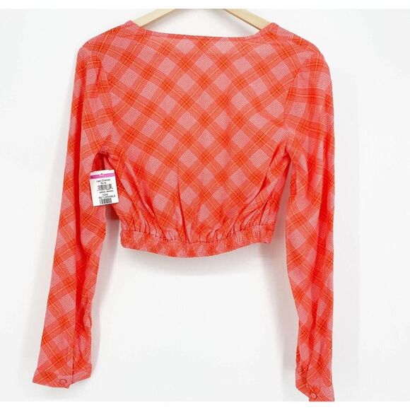 BP. Surplice V-Neck Crop Top Pink Red Plaid Faux Wrap Size XXS - Picture 8 of 10